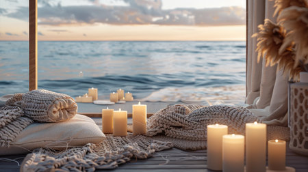 candles amidst an ocean view backdrop, accompanied by pillows, towels, and blankets, ample empty space for text to convey the tranquility of the coastal retreatの素材