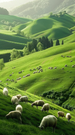 a countryside landscape adorned with rolling green hills speckled with sheep, the tranquility and pastoral charm of the scene, inviting viewers to immerse themselves in the beauty of natureの素材