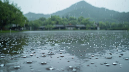 water droplets formed on Mountain lake during a rainy day, high detail to convey the natural beauty of raindrops glistening on the lake's surfaceの素材