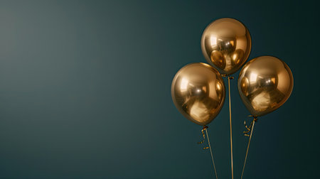 three gold balloons floating against a dark background, The ample empty space allows for text placement, perfect for conveying messages of celebration or festivityの素材