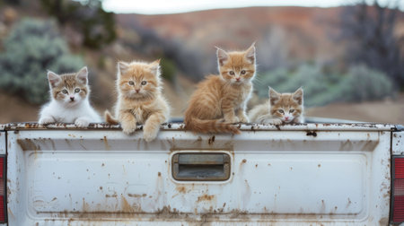 chubby, fluffy kittens seated amusingly on the back of a white pickup truck at a celebratory partyの素材
