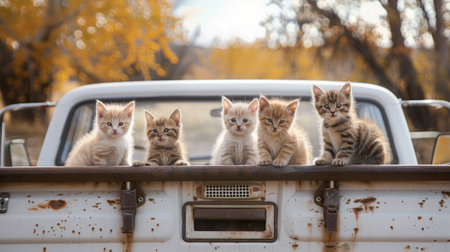 chubby, fluffy kittens seated amusingly on the back of a white pickup truck at a celebratory partyの素材