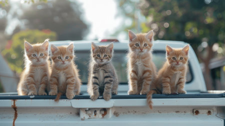 chubby, fluffy kittens seated amusingly on the back of a white pickup truck at a celebratory partyの素材