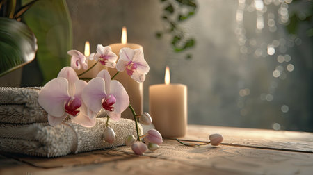 a tranquil spa still life arrangement featuring aromatic candles, an orchid flower, and a folded towel, the soothing atmosphere and luxurious details of a spaの素材