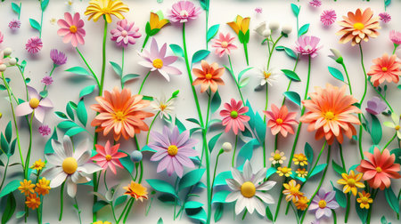 a captivating wallpaper design depicting intricately detailed 3D flowers in various hues set against a pristine white backgroundの素材