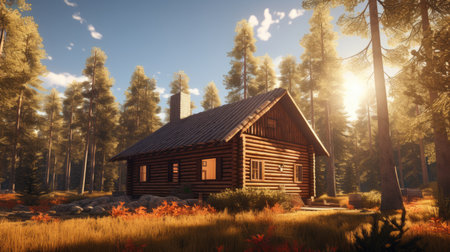 a new log cabin nestled in the wilderness, surrounded by towering trees and bathed in warm, golden sunlightの素材