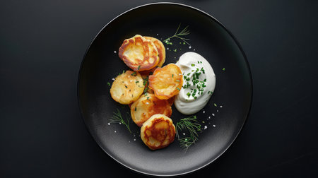 golden brown potato pancakes served on a sleek black plate, adorned with a dollop of creamy sour cream, leaving ample empty space around the dish for text or captionsの素材