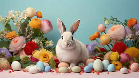a rabbit surrounded by Easter eggs and blooming flowers, set against spectacular backdrops that evoke pastoral charmの素材