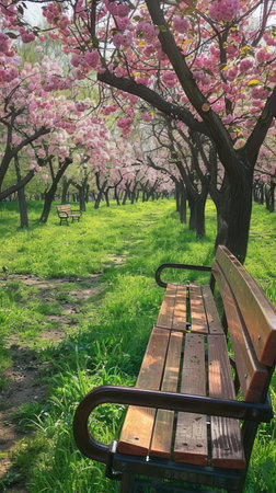 the peach blossom season in a park adorned with simple and natural wooden benches, nestled under the blooming peach trees, with lush green grass creating a picturesque settingの素材