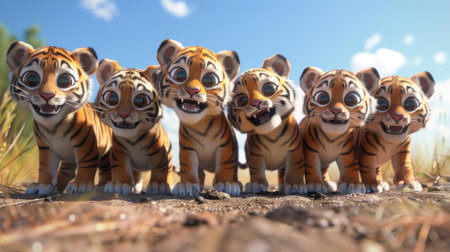 a group of nine little tigers standing in a circle, all beaming with big smiles as they gaze down towards the camera, positioned at the center of their huddleの素材