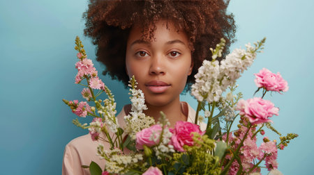 a woman holding a huge bouquet of flowers up close, empty space surrounding her for text or messages, allowing for customizable greetings, announcements, or expressions of affectionの素材