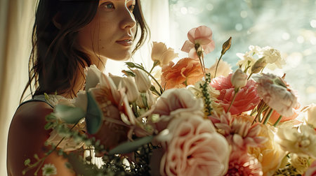 a woman holding a huge bouquet of flowers up close, empty space surrounding her for text or messages, allowing for customizable greetings, announcements, or expressions of affectionの素材
