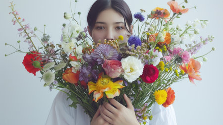 a woman holding a huge bouquet of flowers up close, empty space surrounding her for text or messages, allowing for customizable greetings, announcements, or expressions of affectionの素材