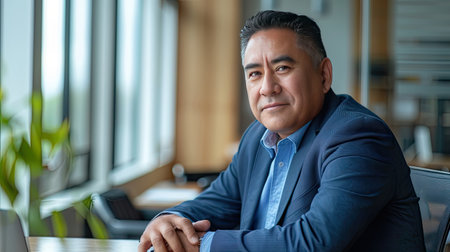 a middle-aged Hispanic man, dressed in a blue suit jacket, collared shirt, and jeans, seats at his desk in a large, simple, modern office, with expansive windows behind himの素材