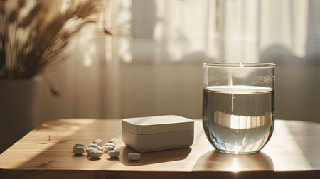 a medicine box places on the table in the living room, accompanied by a glass of water beside it, empty space in the image for text, offering an opportunity to convey messages of careの素材