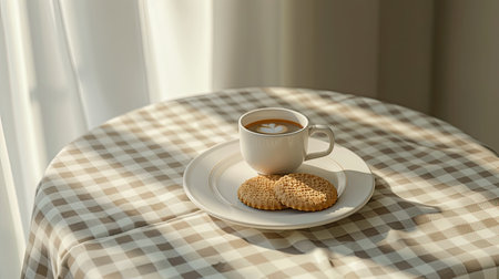 two cookies and a cup of coffee arrange on a white ceramic tray, resting on a checkered tablecloth atop a white round tableの素材