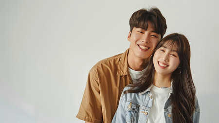 a young Korean couple, with the man wearing a white t-shirt and an open brown shirt while the girl dons a denim jacket, set against a light backgroundの素材