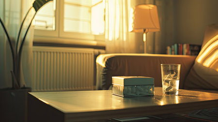 a medicine box places on the table in the living room, accompanied by a glass of water beside it, empty space in the image for text, offering an opportunity to convey messages of careの素材