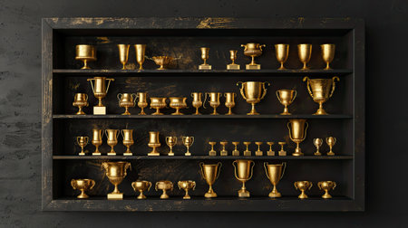 a shelf adorned with glaming golden trophies, each representing a significant achievement and dedicationの素材