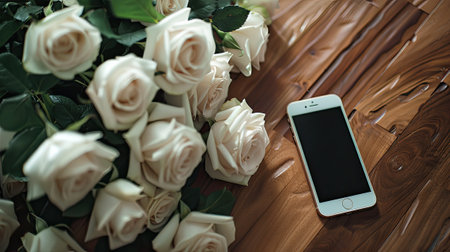 a big bouquet of white roses arranged elegantly on a wooden table next to a smartphone. Ensure there's plenty of empty space around for adding text or graphicsの素材