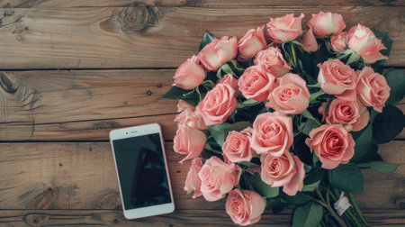 a big bouquet of pink roses arranged elegantly on a wooden table next to a smartphone. Ensure there's plenty of empty space around for adding text or graphicsの素材