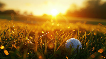 a golf ball placed delicately on the tee, poised for action, with a golf iron resting in lush green grass against a backdrop of the sun peeking through trees or clouds, casting a warm glowの素材