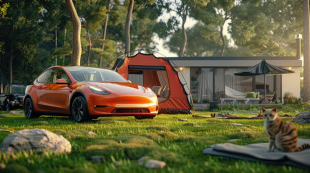 electric cars parked on lush green grass, with a camping setup and a happy family including a cat, highlighting eco-friendly travel and outdoor leisureの素材