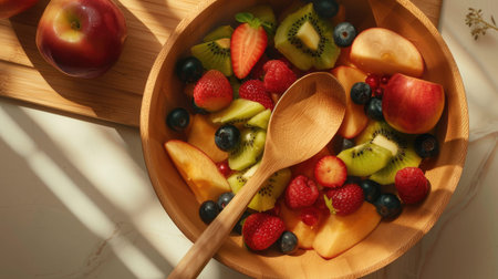 a wooden spoon delicately arranged in a fruit salad, aesthetics to emphasize the simplicity and sustainability of eco-friendly kitchen utensils in food preparationの素材