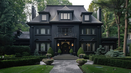 a two-story traditional house featuring a matte black exterior and charcoal gray roofing in a realistic photograph, enhance the home's majestic presence, a neatly landscaped front yardの素材