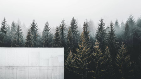 a modern white building nestled amidst a serene coniferous forestの素材