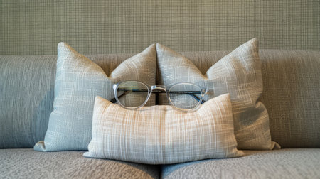 glasses with clear frames on a gray, beige, or khaki sofa, the cozy ambiance and aesthetic harmony, allowing viewers to envision relaxation and style in their own living spacesの素材