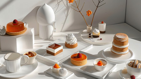 an assortment of delectable desserts beautifully arranged on a modern white table indoorsの素材