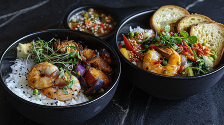 a black bowl filled with headless shrimps and vibrant vegetables next to another black bowl holding fluffy white rice, with bread portions arranged artistically in the frameの素材