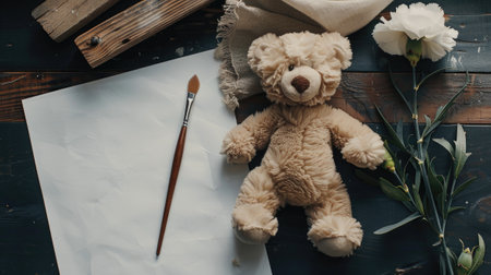 a clean sheet of watercolor paper placed beside a delicate carnation flower, a watercolor brush, and a charming beige teddy bear, against a dark background accented with rustic wooden boardsの素材