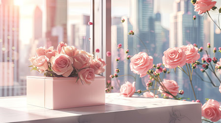 a gift box packaging featuring exquisite textures, placed on a table adorned with roses, with the backdrop of the cityscape outside the window adding a touch of urban sophisticationの素材