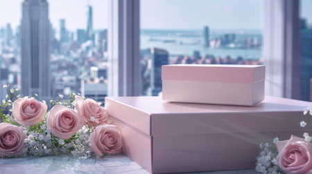 a gift box packaging featuring exquisite textures, placed on a table adorned with roses, with the backdrop of the cityscape outside the window adding a touch of urban sophisticationの素材