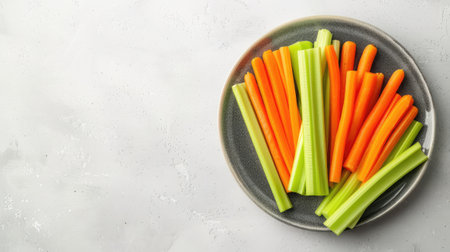 carrots and celery sticks with creamy hummus, arranged beautifully on a plate with plenty of empty space for text, enticing viewers with a healthy snack option bursting with flavor and proteinの素材
