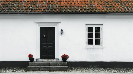 a black single front door against a backdrop of a white house, topped by a roof in striking red, grey, or black, embodying the timeless elegance and simplicity of Nordic designの素材