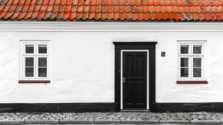 a black single front door against a backdrop of a white house, topped by a roof in striking red, grey, or black, embodying the timeless elegance and simplicity of Nordic designの素材