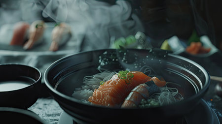 a traditional Asian dish against a dark backdrop, showing its vibrant colors and texturesの素材