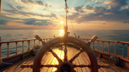 the ship's wheel of a pirate sailing vessel, gazing upon the expansive deck and vast open sea under the warm glow of a sunny dayの素材