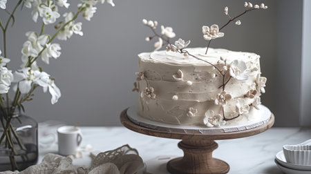a monochromatic cake design, featuring elements of joyous flora and fauna against a backdrop of serene monochromatic colors, leaving ample space for text or messagesの素材