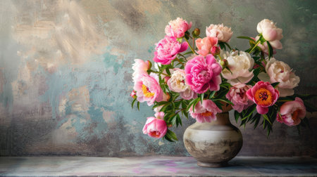 a vase filled with exquisite peony flowers, resting gracefully on a table with abundant empty space, perfect for adding meaningful text or messagesの素材