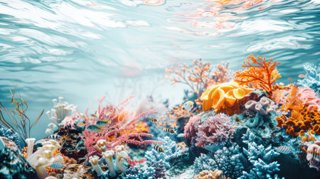 coral reef, shells, sponges, and turquoise water against a white background, invoking the mystical allure of Norse mythologyの素材