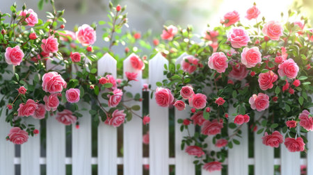 bushes of tender, blooming roses lining a white picket fenceの素材