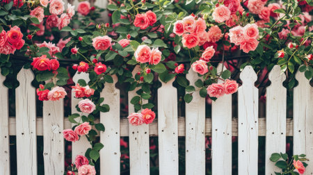 bushes of tender, blooming roses lining a white picket fenceの素材