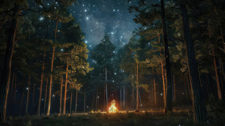 a small campfire flickering in front of the dark abyss of a pine forest, under a starry night skyの素材