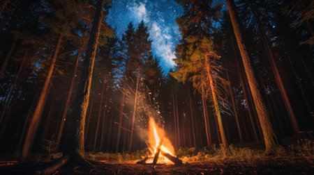 a small campfire flickering in front of the dark abyss of a pine forest, under a starry night skyの素材