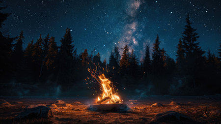 a small campfire flickering in front of the dark abyss of a pine forest, under a starry night skyの素材