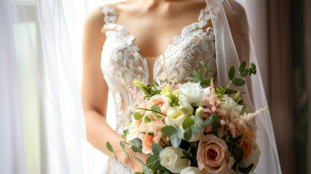 a bride in a white wedding dress, captured in a close-up image, with a delicate bouquet of flowers, standing by the window on her special dayの素材